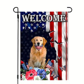 4th of July Patriotic Welcome Garden Flags 12x18 Double Sided, Small Burlap Golden Retriever Dog Yard Flags Fourth of July Decorations Memorial Day Independence Day Outdoor Garden Decor for Dog Lovers