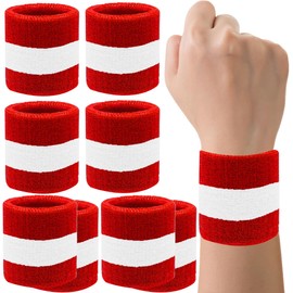 8 Pack Wrist Sweatbands Tennis Wrist Bands Absorbent Sweat Band for Men and Women, Breathable Cotton Sweatbands for Working Out, Football, Basketball, Running Athletic Sports -Red/White/Red