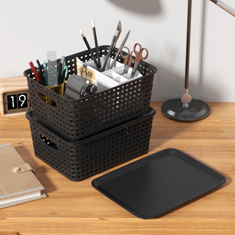 Qqbine Set of 6 Plastic Lidded Storage Shelf Baskets, Stackable