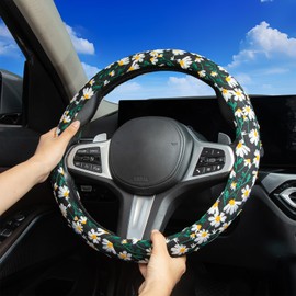 Embroidered Flowers Black Cute Daisy Steering Wheel Cover Auto Anti-Slip Breathable Rubber Steering Wheel Protector,Floral Car Accessories for Women,Universal Size Fit Most Cars -15 inch