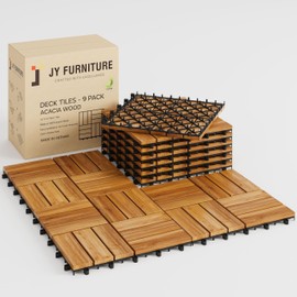 9 PCS Interlocking Deck Tiles 12" x 12" Acacia Wood Tiles for Indoor & Outdoor Use, Drainage, Non Slip Patio Flooring, Easy Installation Floor Decking for Balcony, Backyard, and Garden (Golden Steak)