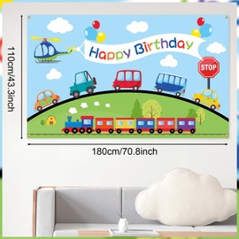 Happy Birthday Backdrop Banner,Xinvery Transportation Birthday Banner Automobile Train Airplane Car Bus Photography Background Photo Booth Banner Party Decorations Supplies for Kids180×110cm