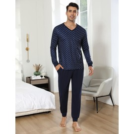 Bresdk Men's Long Winter Cotton Sleepwear Men's Gift, Blue print pattern