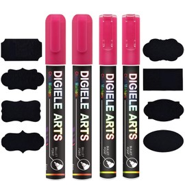 DIGIELE 2pcs Pink Chalk Pens + 2pcs 6mm Pink Markers, Dry or Wet Wipe Erase, Thin & Medium Reversible Bullet or Chisel Tip, Pack of 4 with 16 Chalkboard Labels