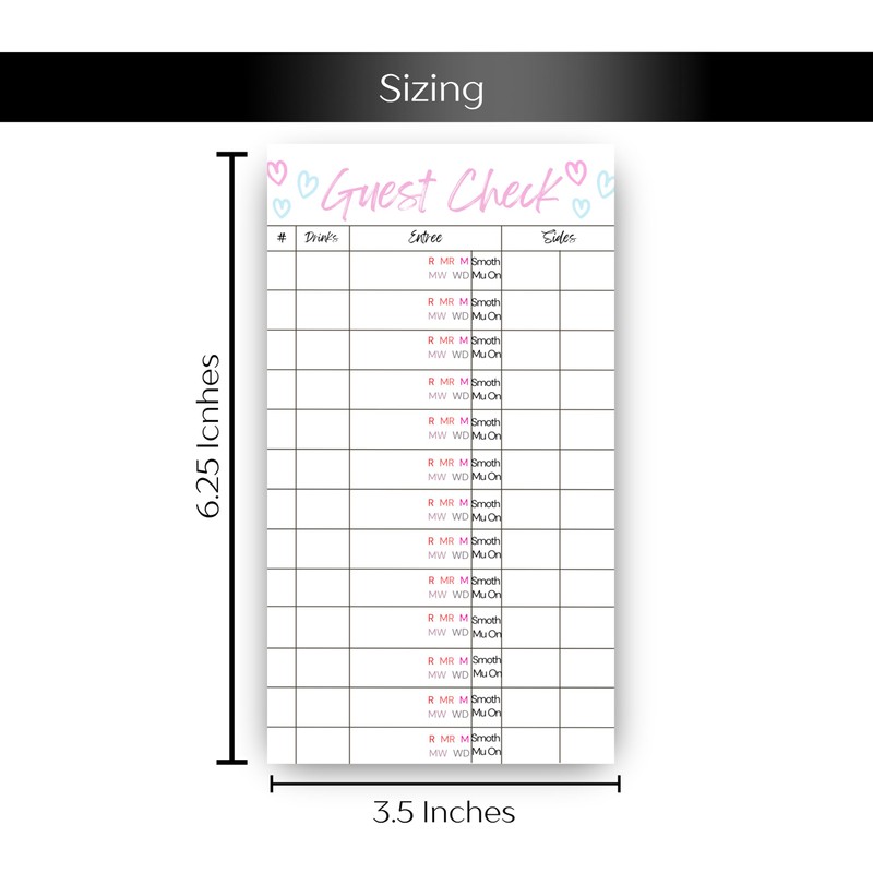 Guest Check Server Notepad with Steak Temperatures and Smothers, Waitress