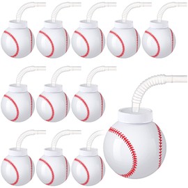 Baseball Ball Shape Cups Bulk with Straws and Lids, 10oz Plastic Reusable Baseball Party Cups Ball Shape Cups Party Favors for Kids Birthday Competition Sport Fans Player Theme Party Supplies (12 Pcs)