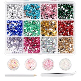 Pack of 1800 Glass Nail Art Rhinestones, Nail Flatback Beads with 4 Nail Glitter, 1 Tweezers and 1 Dotted Pen, Rhinestones, Colourful Stones, Crystal Flatback Gemstones for DIY Crafts Nails Clothing