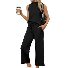 Lounge Sets for Women 2 Piece Summer Outfits Matching Sets Women Clothing Vacation Outfits Business Casual Work Wide Leg Crop Pants Airport Travel Outfits 2025 Black L