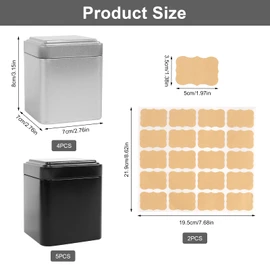 Classic Square Tea Canister, Set of 9 Tea Canisters for Loose Tea, 7 x 7 x 8.5 cm, Metal Tea Container, Tea Canisters Set