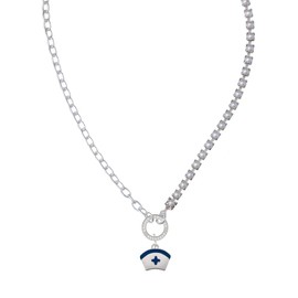 Delight Jewelry Silvertone Nurse Hat with Blue Cross Stronger Braver Smarter Mixed Cable and Imitation Pearl Chain Choker Necklace, 14.75-17"
