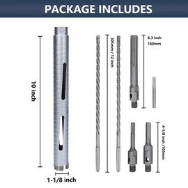1-1/8 inch Diamond Dry Core Drill Bit, 10" Drilling Depth, 5/8"-11 Thread Core Drill Bit for Concrete, Includes 3 Adapters SDS Plus, SDS Max and Hex (1-1/8")