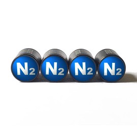 Blue N2 Nitrogen (Style 1) Tire Valve Stem Caps - Black Aluminum - Set of Four