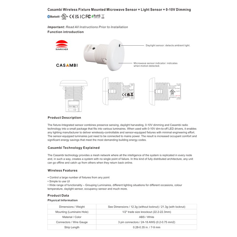 Sunricher | Casambi Wireless Fixture Mounted Microwave Sensor + Light