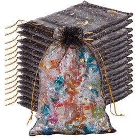 Beebeecraft 50Pcs Organza Bags Gold Stamping Stars Black Drawstring Mesh Bags Rectangle Candy Gifts Storage Favor Pouches for Christmas Wedding Party Valentine's Day (4x6 Inch)