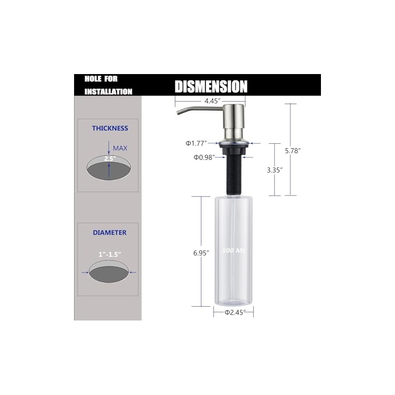 Sink Soap Dispenser Brushed Nickel, Soap Dispenser for Kitchen Sink