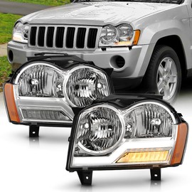 KEEKPO - For 2005 2006 2007 Jeep Grand Cherokee Upgrade Chrome LED Signal w/Light Tube Headlights Headlamps Left+Right