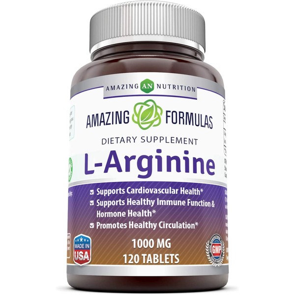 Amazing Nutrition L-Arginine 1000mg Supplement - Best Amino Acid Arginine HCL Supplements for Women & Man - Promotes Circulation and Supports Cardiovascular Health - Tablets (Non-GMO,Gluten Free) (120 Count)