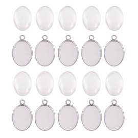 PH PandaHall 40pcs Bezel Pendant Blanks Settings - 20pcs Oval Pendant Trays Bezel Blanks with 20pcs Glass Cabochons Clear Dome for Bouquet Bridal Wedding Brides Photo CharmJewelry Making, 18x13mm