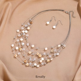 Multi-Layer Boho Shell Beaded Necklace for Women Colorful Crystal Strand with Silver Beads Statement Collars Necklace and Earrings Costumes Jewelry Sets for Women(Natural)