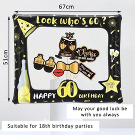 POPOYU 60th Photo Props for 60th Birthday, Pack of 33 Photo Props and Inflatable Frame, Photo Box Accessories, Birthday for 60th Birthday, Men, Women Decoration, Photo Frame Party Photo Booth Props
