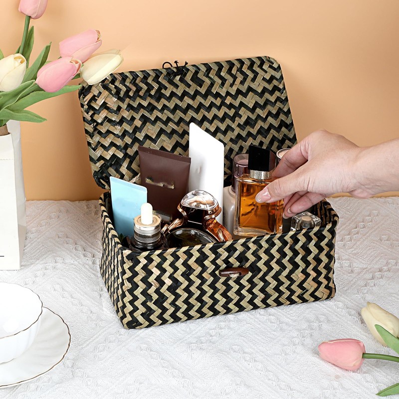Hipiwe X-small Wicker Basket with Lid Natural Seagrass Storage Baskets