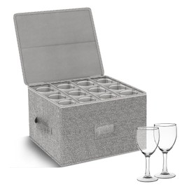 Kukikan Wine Glass Storage Box 1-Pack, Stemware Container Cases, Stackable w/Hard Shell Top Sides Bottom, Moving Supplies, China Storage Containers for 24 Crystal Glasses Drinkware 9.2'' Tall, Grey