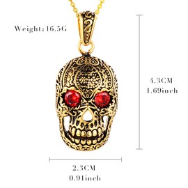Feilok Stainless Steel Jewellery Skull Pendant Hollow Skull Chain with Red Crystal Eyes Skeleton Tribal Gothic Necklace for Men, Stainless Steel, Crystal