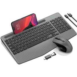 Wireless Keyboard and Mouse Combo, Ergonomic Keyboard with Wrist Rest, Phone Holder, Sleep Mode, 2.4G Lag-Free Rechargeable Compact Silent Cordless Keyboard Mouse for Windows, Mac, PC (Grey Black)