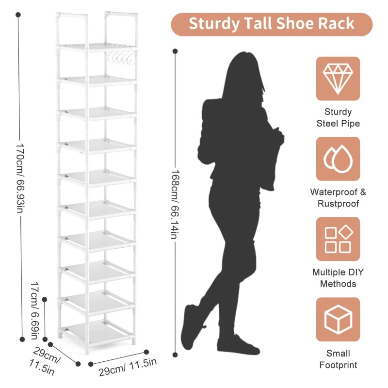 Lanteful Tall Narrow Shoe Rack 10-Tier Skinny Shoe Shelf Storage