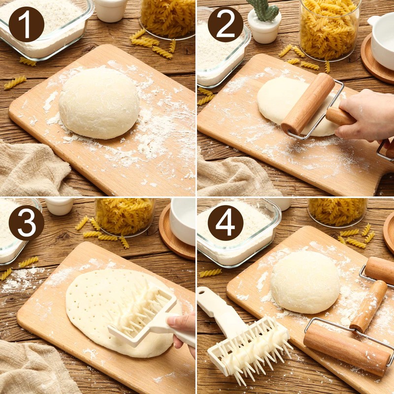 2 Pieces Pizza Plastic Dough Docker Wood Pastry Pizza Roller,