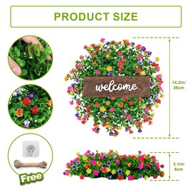 Colourful House Door Wreath, Welcome Sign Front Door Summer Wreath All Year Round Artificial Wreath Decoration Spring Door Sign for Front Door Home Door Window Wall (Color)