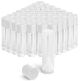 JuLand - Paquete de 50 recipientes vacíos para bálsamo labial a granel, 5,5 ml, tubos transparentes con tapas blancas, tubo recargable para hacer bálsamo labial