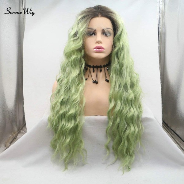 SereneWig Drag Queen Matcha Green Lace Front Wig Ombre Dark Roots Water Waves Long Synthetic Hair Ladies Fashion Cosplay Festival Pale Green Wigs for Women