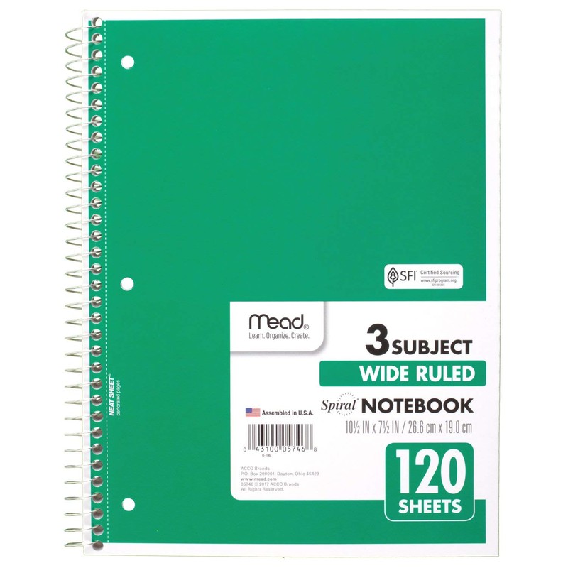 Mead Spiral Notebook, 3 Subject, Wide Ruled Paper, 7-1/2" x