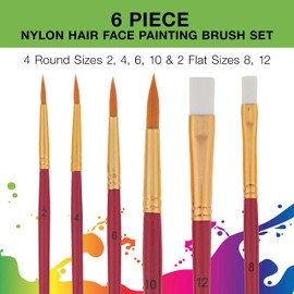 Custom Body Art 6 Piece Nylon Hair Face Painting Brush Set - 4 Round Size 2-4-6-10, 2 Flat Size 8-12 alos Great for Watercolor and Acrylic Paints