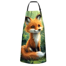 UNDAHIS Cute Cartoon Fox Apron for Women Men, Cooking BBQ Chef Polyester Lightweight Lush Forest Background Aprons with Pockets for Baking Kitchen Gardening Cleaning, Adjustable Neck Strap, 28×33inch