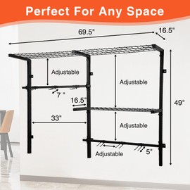NouraVita Heavy Duty Garage Shelving, Wall Mounted Sports Equipment Organizer for Efficient Garage Storage, Adjustable Rack with DIY Hooks - Ideal for Bikes, Golf Bags, Tennis Rackets & Helmets