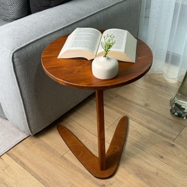GENESIS WOODESIGN C-Shaped Handmade End Table, Side Table for Couches, Sofa Tables Slide Under Couch for Living Room, Over Couch TV Tray Table for Small Spaces (Large, Chestnut)