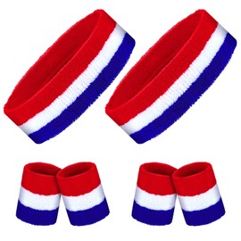Hungdao 6 Pieces Sweatband Set Sports Headband Wristband Set Head Band Wristbands Sweat Bands for Basketball Football Running (Red-White-Blue)