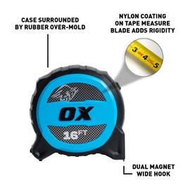 OX Tools Tuff Blade 16 ft Tape Measure - Shock Proof Construction Magnetic Measure Tape with Dual Magnet Hook - 1 1/4 Inch Wide Blade - 13 ft Stand Out Retractable Measuring Tape - OX-P506016