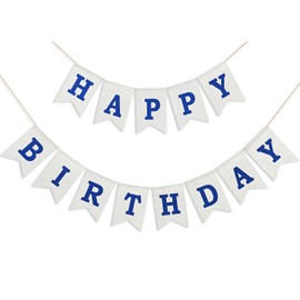 LITAUS Navy Blue Burlap Happy Birthday Banner - Pre-Strung Reusable Birthday Sign Decorations for Adults, Kids, Women, Men, Girls & Boys - Party Supplies Backdrop