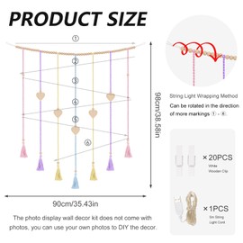 Boho Macrame Wall Decor with Hanging Photo Display and Fairy Lights 14 Wood Clips Picture Frame Holder for Teen Girl Gifts Bedroom Dorm Decor Christmas Birthday Party Art Hanging Decor