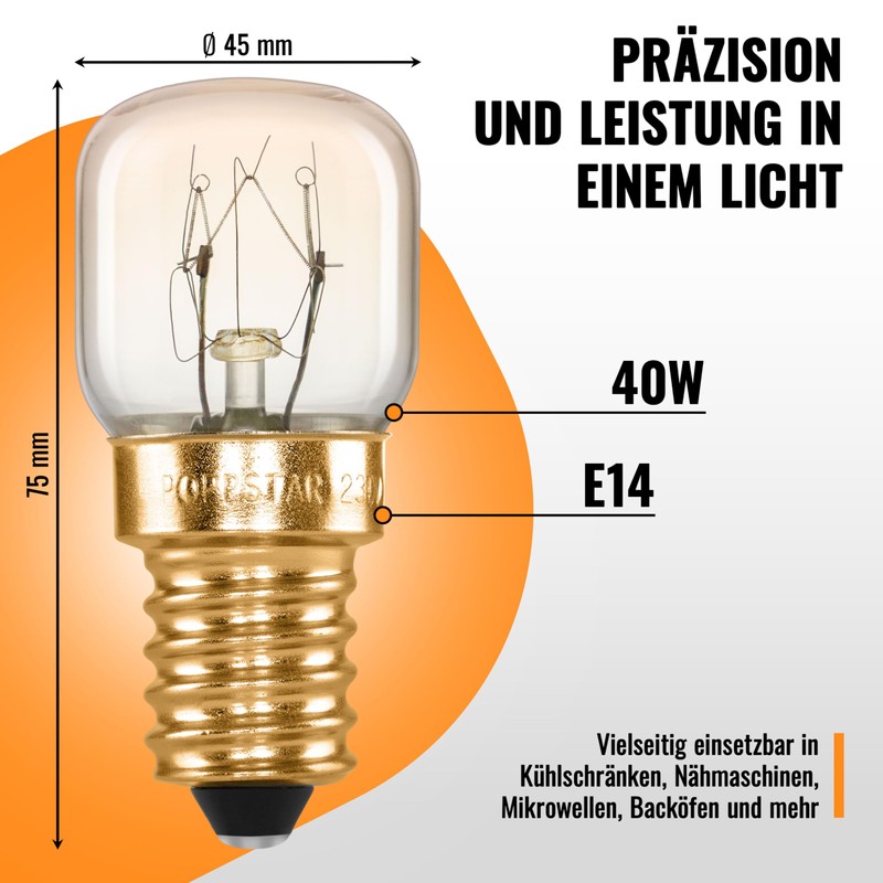 POPPSTAR Backofenlampe E14 40W hitzebeständig bis 300 Grad (2700K warmweiß,
