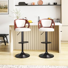VECELO BarStools Set of 2,Counter Height Stools with Bentwood Back&Arm, Swivel Barstools,PU Leather Kitchen Island Stools, Adjustable Height Bar Chairs for Club Pub Dining Room,Pearl White