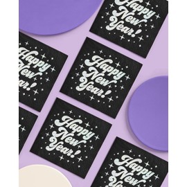 xo, Fetti Black Happy New Year Paper Napkins - Iridescent Foil | 3-ply, 50 pcs | NYE Party Decorations, 2025 Cocktail Napkins, Disposable Party Supplies, Disco Dinner Tablescape Decor