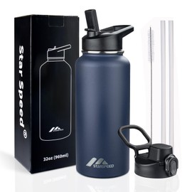 StarSpeed 32oz Insulated Water Bottle with Straws & 2 Lids, Stainless Steel Double Walled Vacuum Water Flask, Wide Mouth Sports Water Bottle for Gym Camping Hiking, Navy Blue