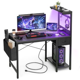 Grandder Gaming Desk 55 Inch with Power Outlet and LED Light, Computer Desk with Reversible Shelves and Storage Drawer, Pc Small Desk for Home Office Table with Bag, Carbon Fiber Black
