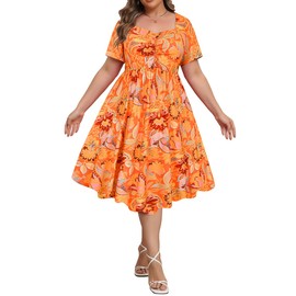 RITERA 3X Plus Size Dresses for Curvy Women Boho Floral Sweetheart Neck Short Sleeve Casual Summer Orange Midi Dress Beach Flowy A Line Sundress with Pockets 3XL 22W 24W