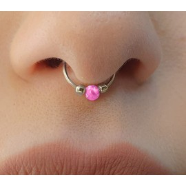 Pink Opal Fake Septum Ring- Sterling Silver Faux Septum Hoop Piercing- Clip on Septum Nose Piercing