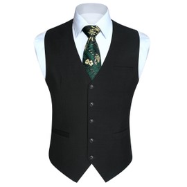 HISDERN Men's Suit Vest, Plaid Pattern, V-Neck, 5 Bodan, 3 Pockets, 15 Colors Available, Buckle Included, For Business, Weddings, Formal, Gilet Vest, Fit, Large Size, 10 Black (Please refer to the